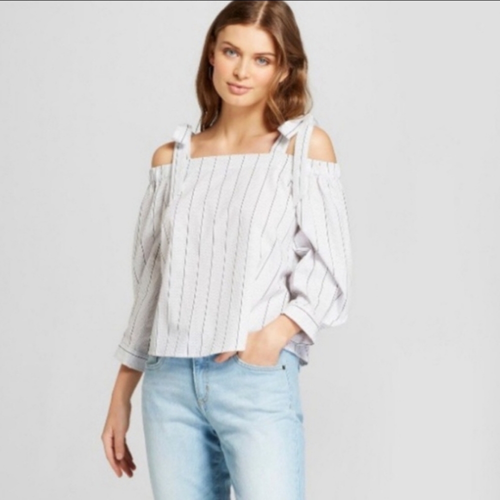 A New Day Striped Off The Shoulder With Straps 3/4 Sleeve Top Women's M